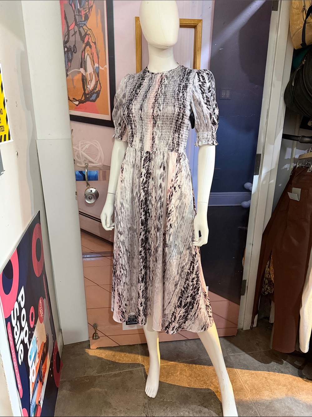 Ted Baker London Pink and Black Abstract Puff-Sleeve Midi Dress